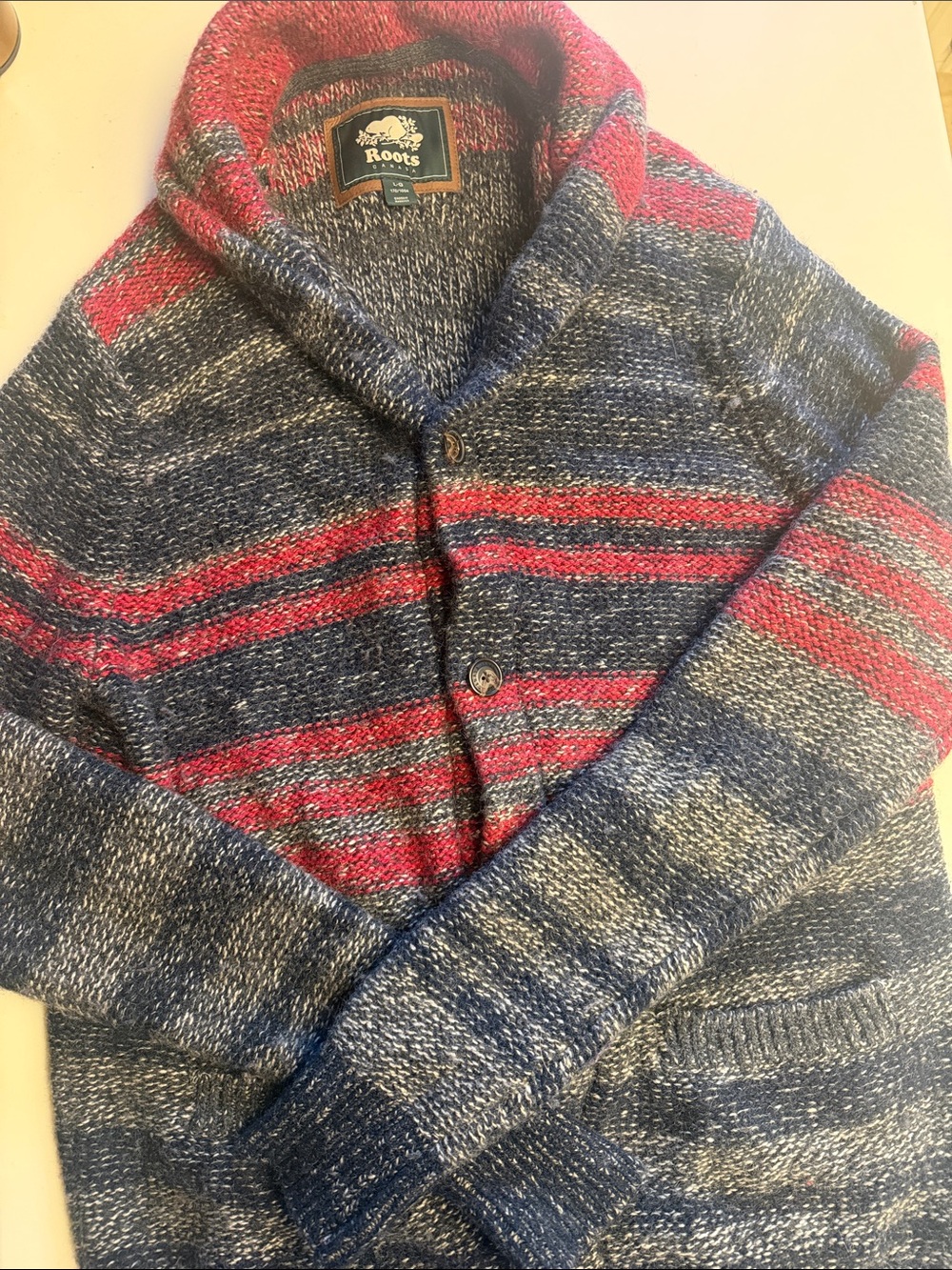 Roots Shawl Collar Cardigan in Navy and Red Stripe Large